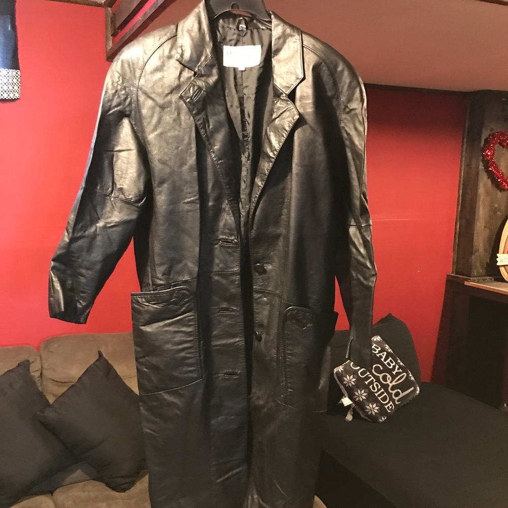 Black leather overcoat