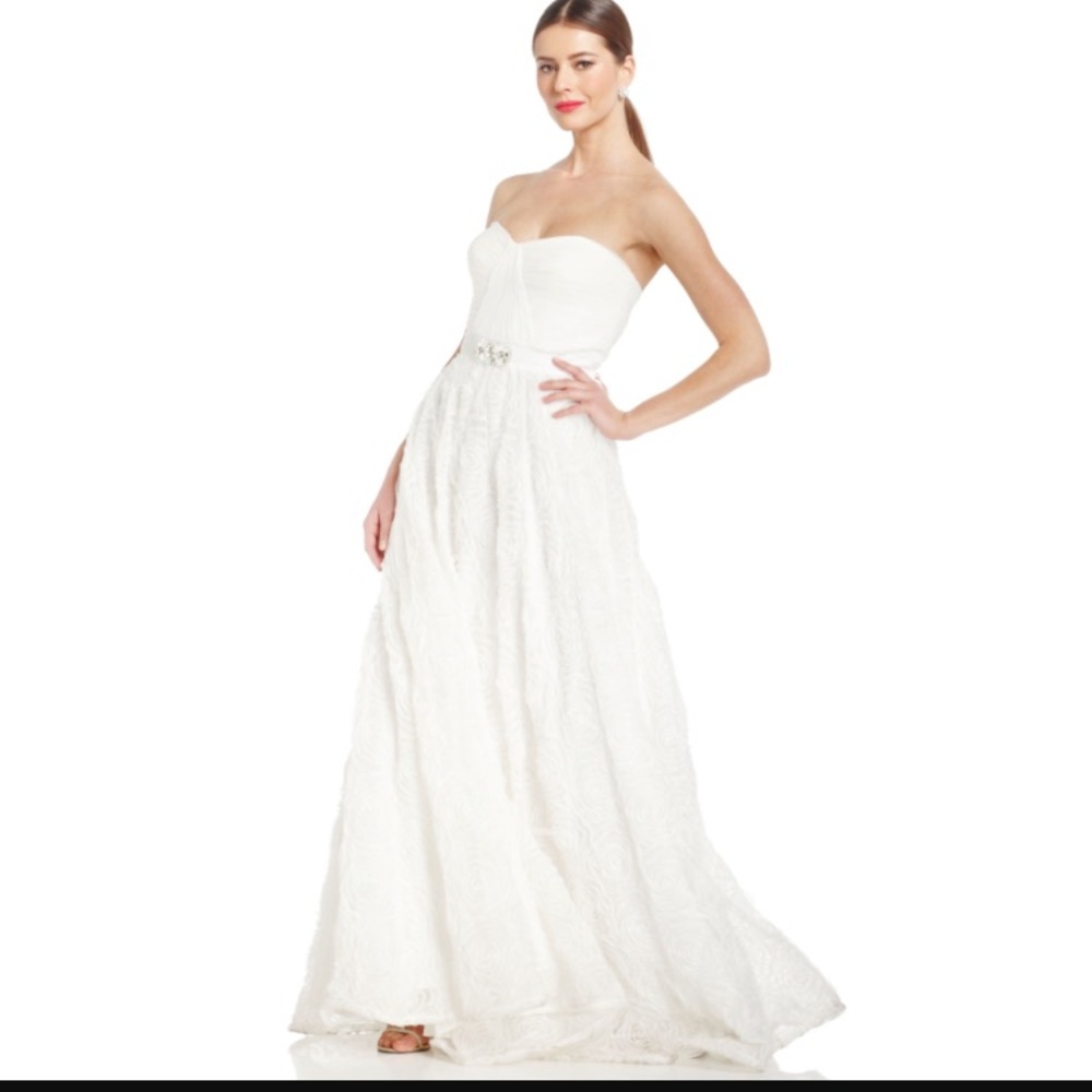 Adrianna Papell White Ruffle Long A-Line Gown
