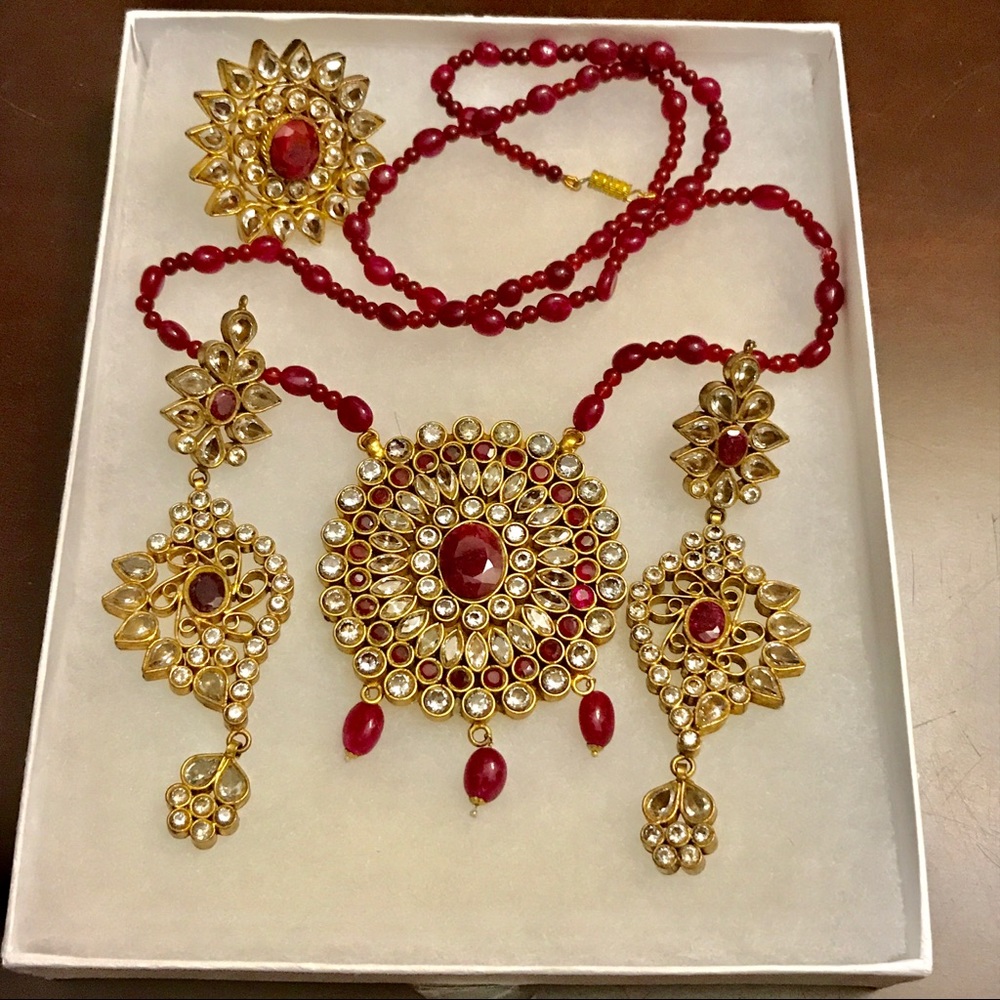 Bollywood Gold Plated Set Semi Precious Red Stones