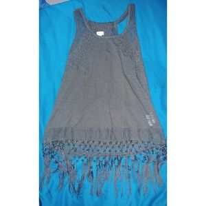 Dark gray tank top with a little lace and fringe