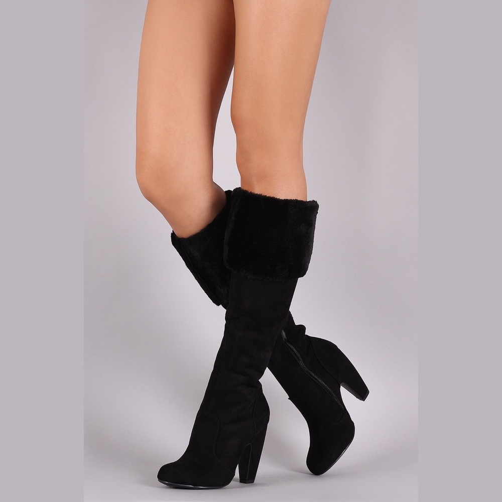 Black fur cuff heeled suede boot - Picture 1 of 5