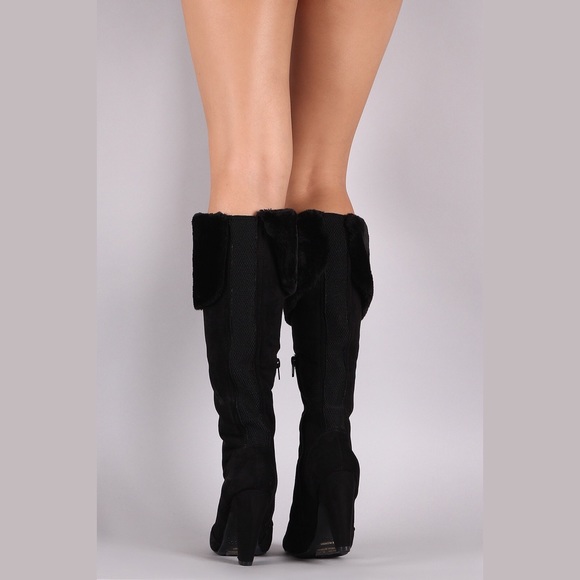 Black fur cuff heeled suede boot - Picture 3 of 5