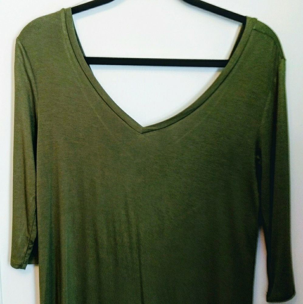 SO 3/4 Sleeve "Olive Crush" Double V Neck Top NWT