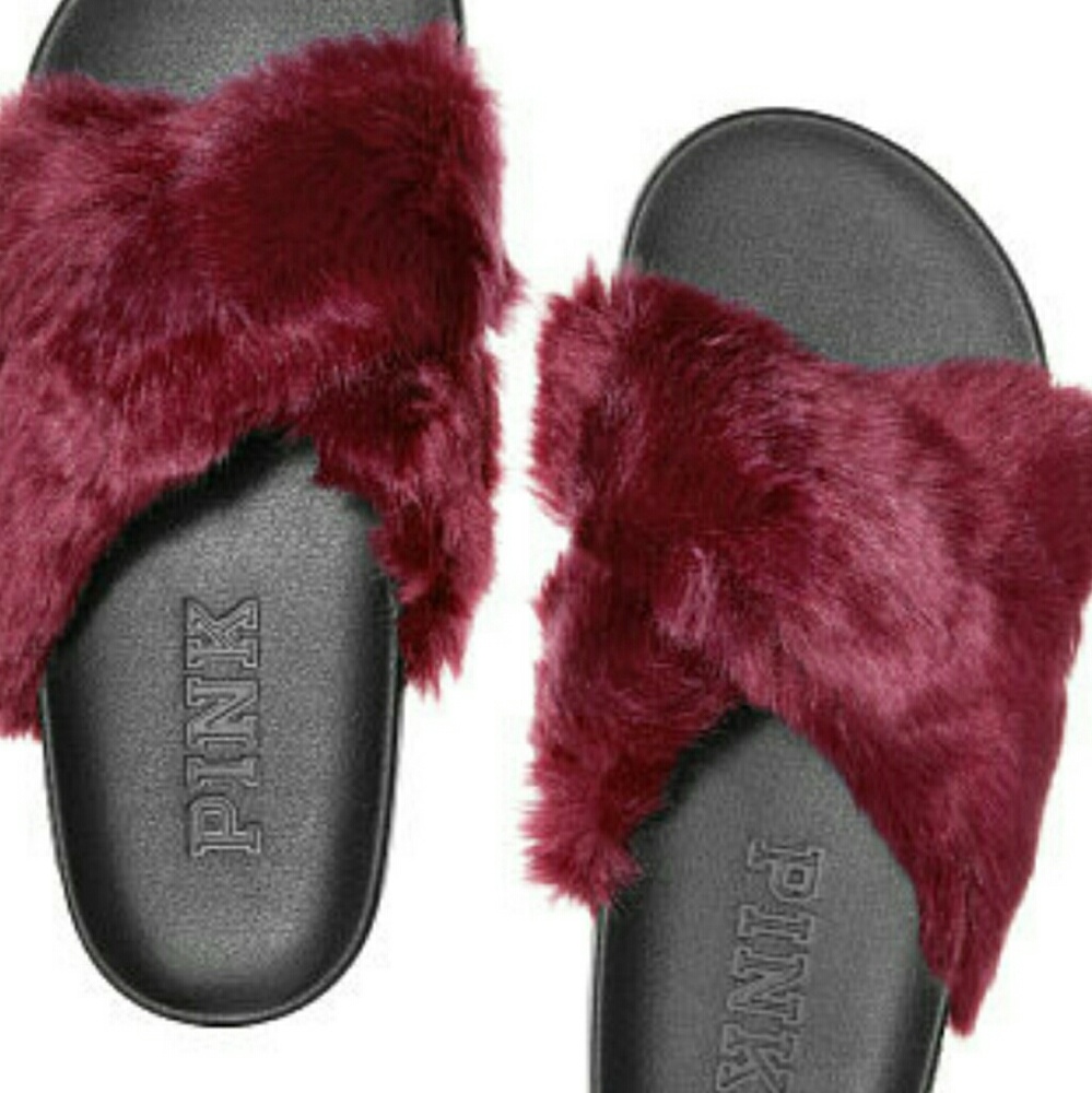 Pink faux fur slides