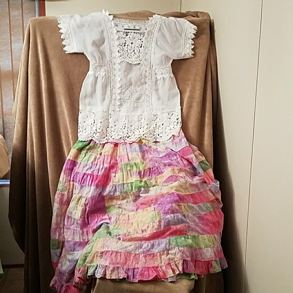 2 pc tie dye patchwork skirt w/white sheer top