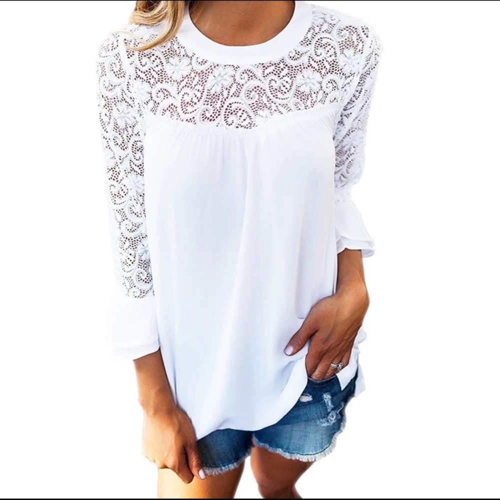 ✨White Chiffon & Lace Blouse W/ Flared Sleeves✨ - Picture 2 of 7