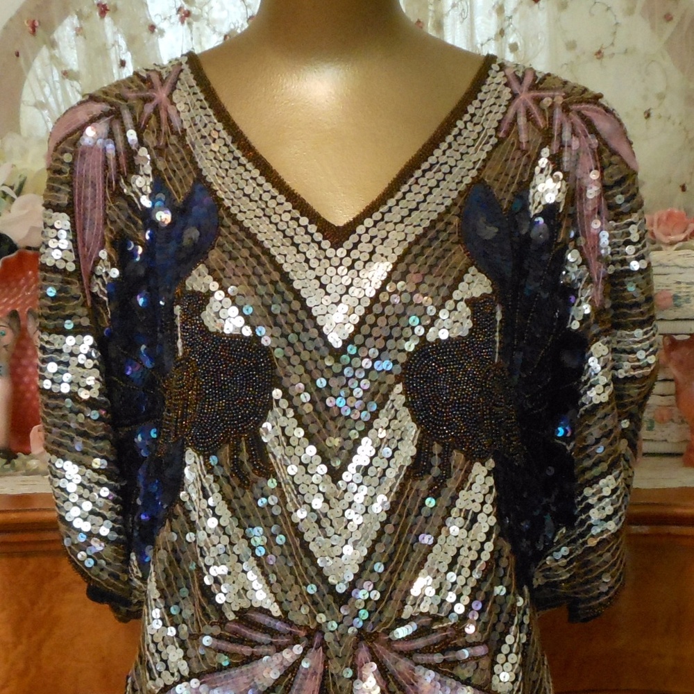 Vintage 80s Hand Sequined Butterfly Blouse Peacock