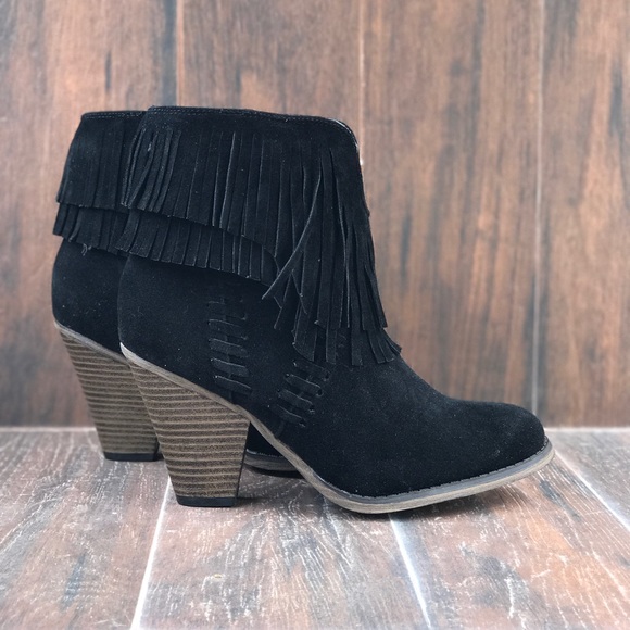 Black Western Boho Cascading Fringe Ankle Boots - Picture 4 of 5