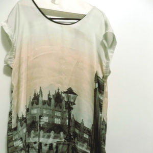 Plus Size Watercolor Cityscape Satin Tee