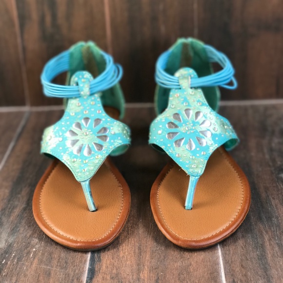 Flower Detail Turquoise Kitten Wedge Sandal - Picture 2 of 4