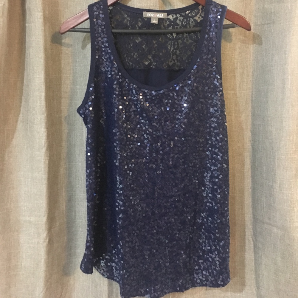 Blue sequin tank with lace back