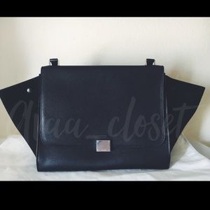 Celine Trapeze Black Large Leather Textured Suede