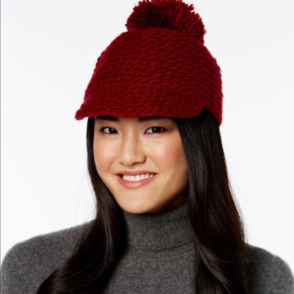 nine west knit pom pom cap, red color hat