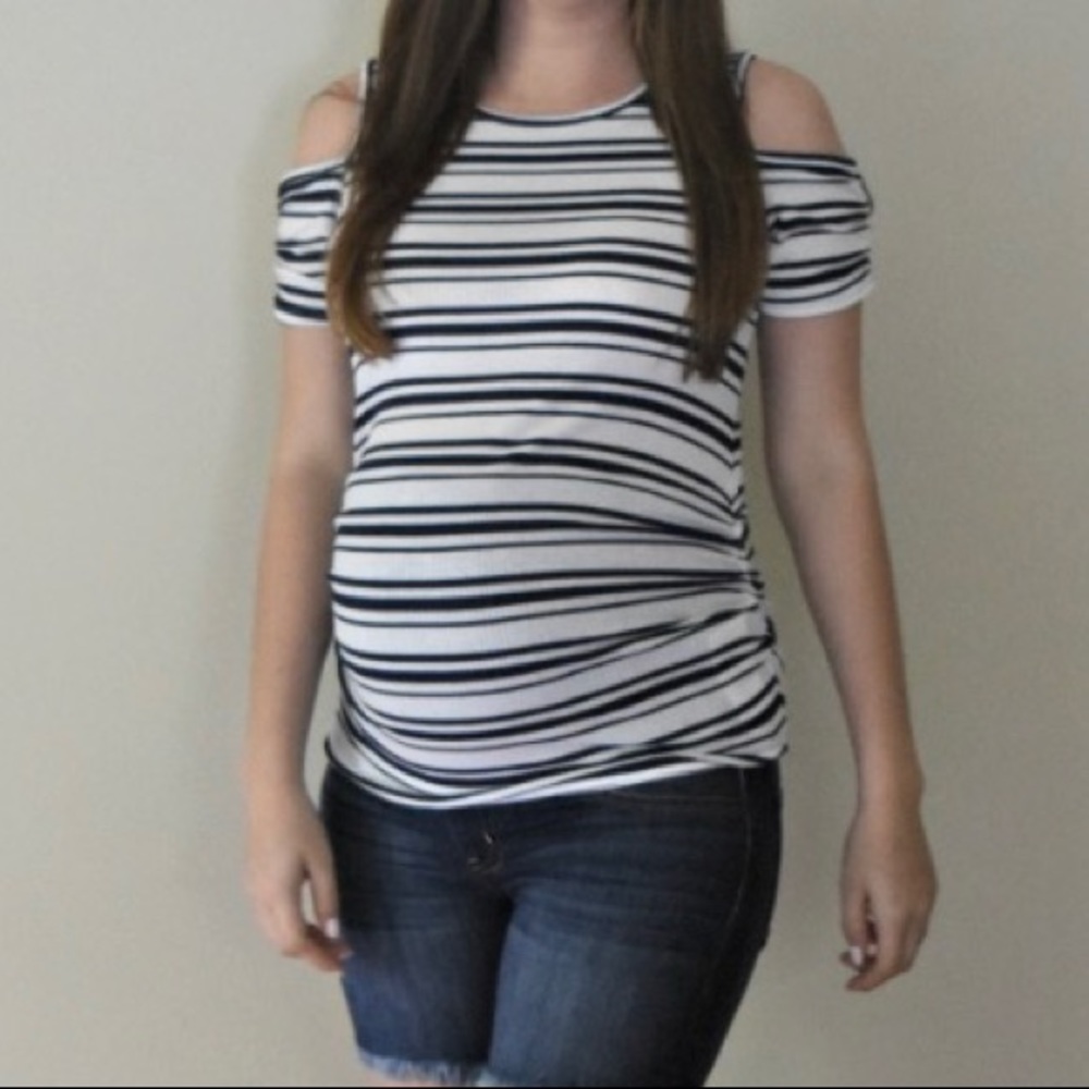 Navy and white cold shoulder maternity top