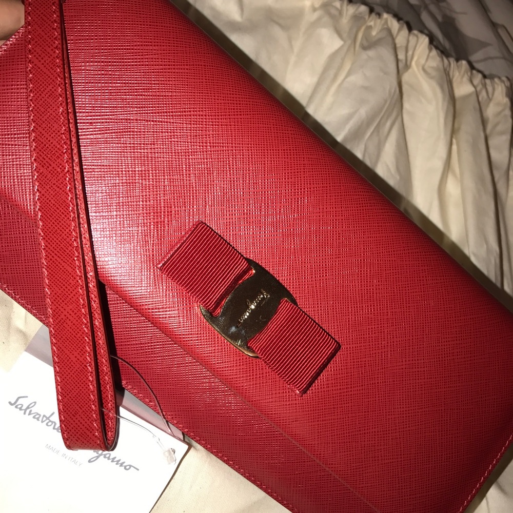 Brand New Buckle Detail Red Camy Ferragamo Clutch