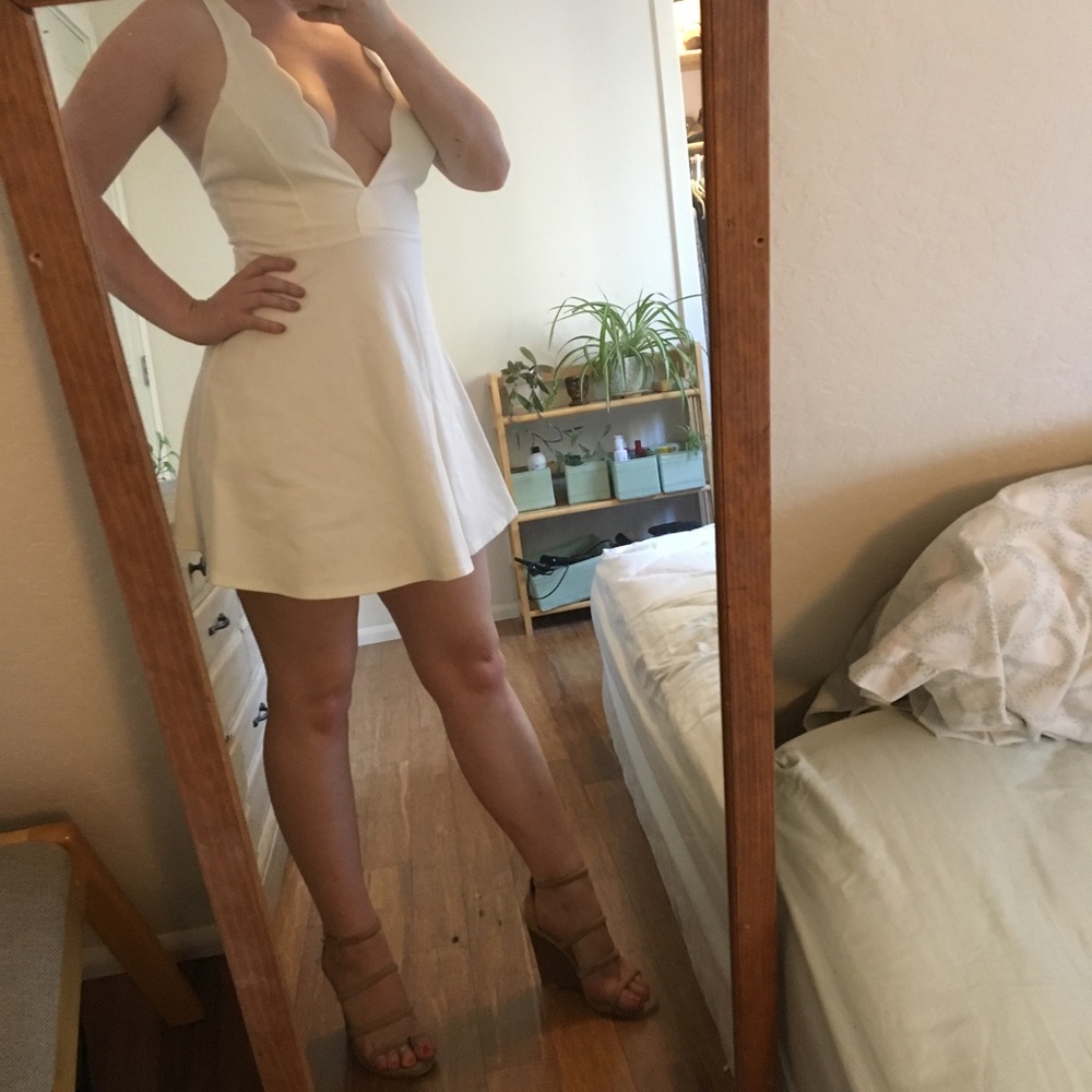 Scalloped deep v white cocktail dress