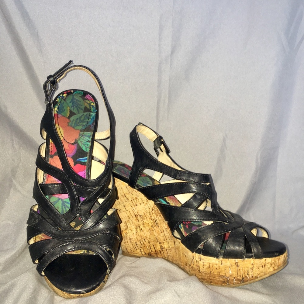 Black Strap Cork Wedges