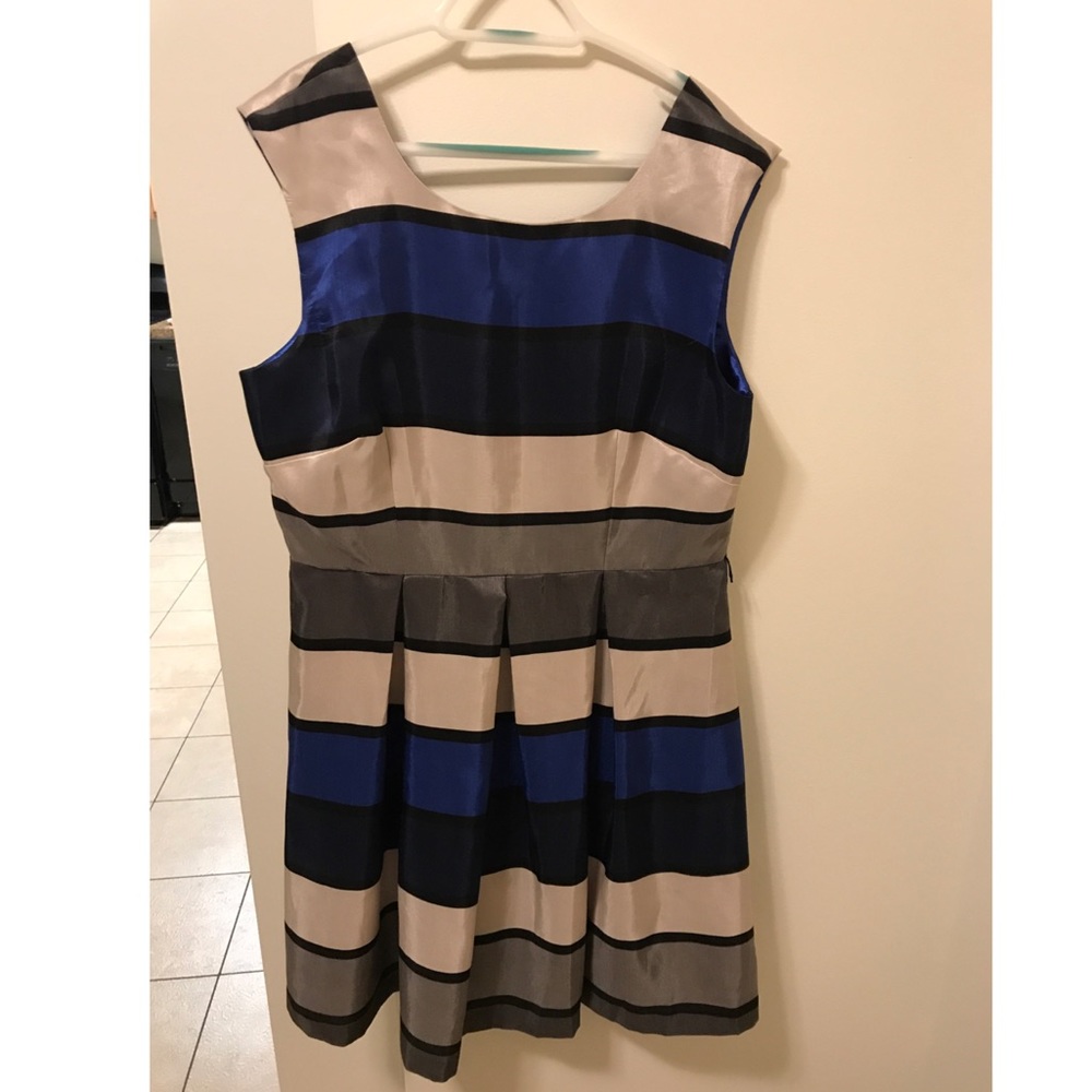 Black/Blue/White Striped and Pleated Skater dress