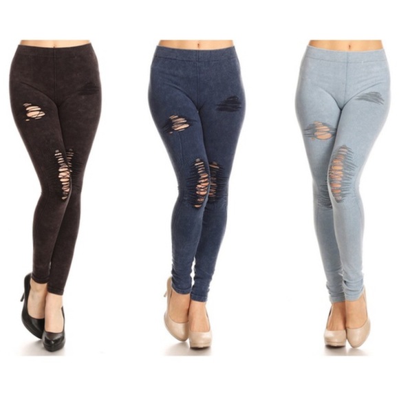 Distressed Denim Print Leggings - Picture 2 of 5