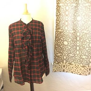Ruffle front plaid blouse