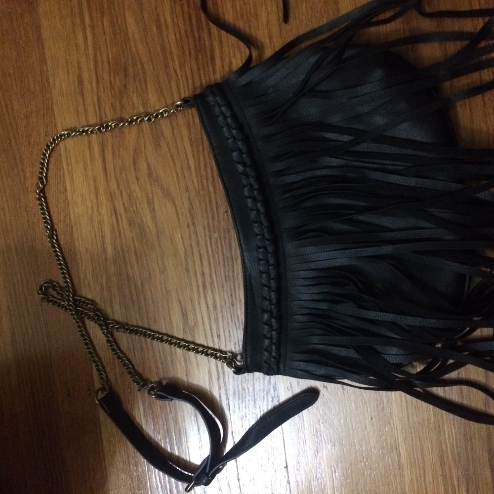 black cross body fringed bag