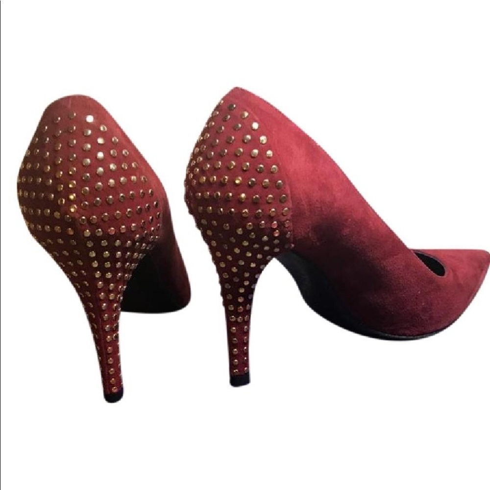 Stuart Weitzman red suede studded heels