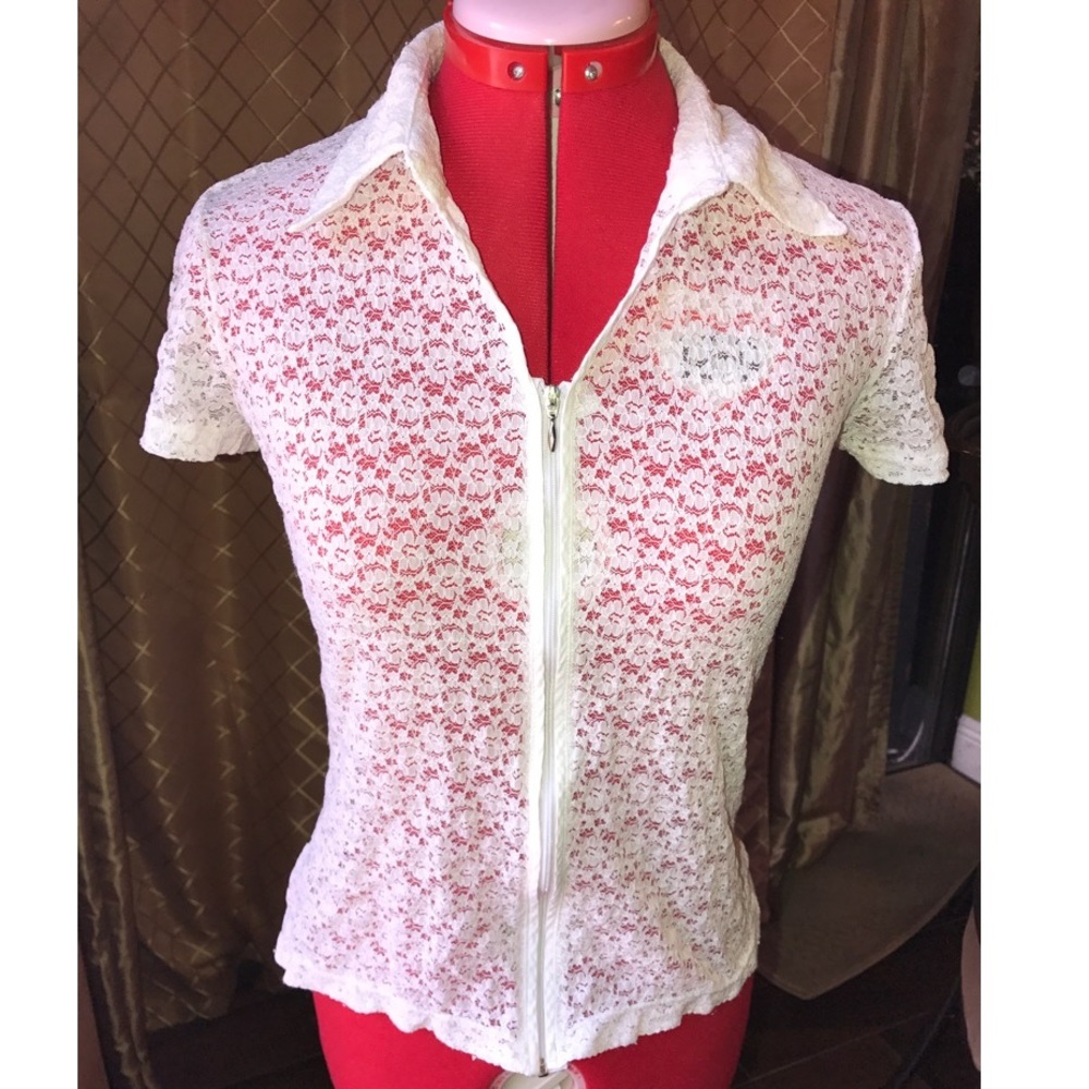 White Lace Zip up shirt.