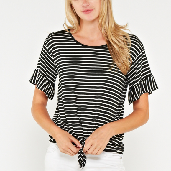 Striped Ruffle Sleeve Tee - Picture 3 of 7