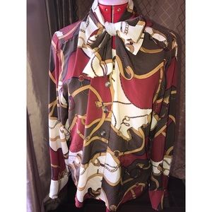 Patterned button down shirt.