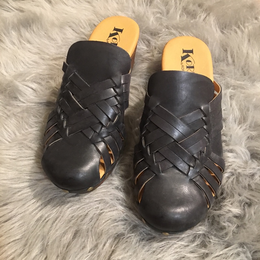 KORKS BY KORK-EASE CLOGS BLACK LEATHER LIGHTWEIGHT