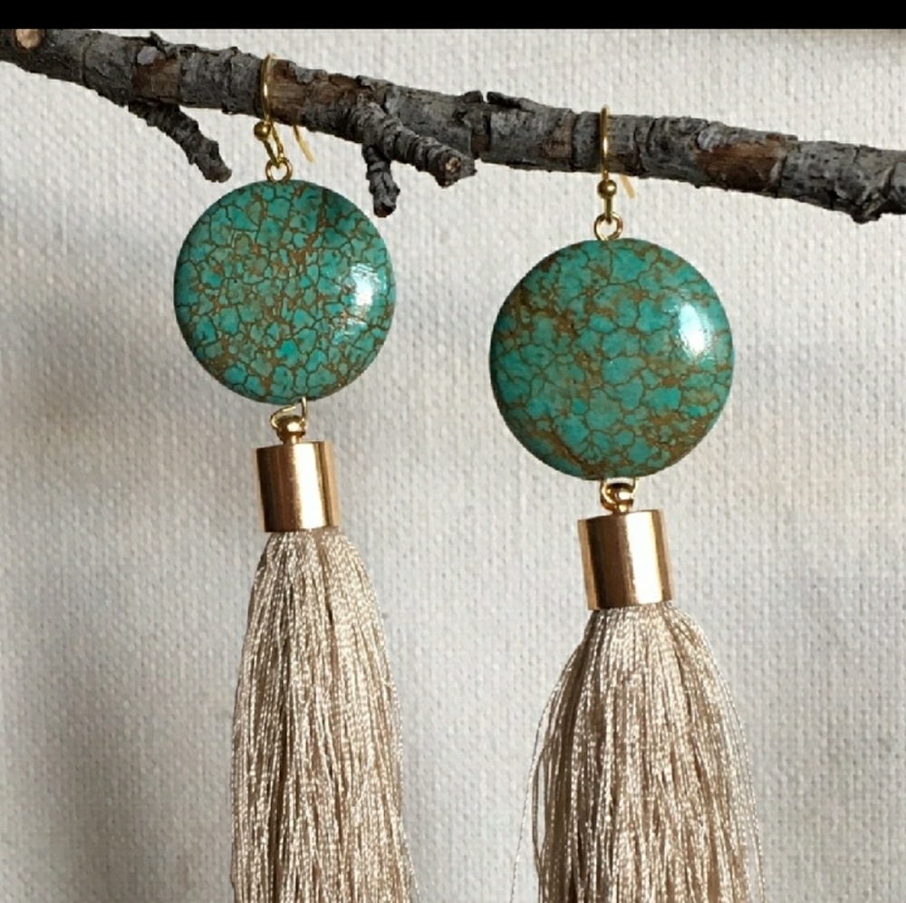 Turquoise disc tassel earrings 1" diameter cut 2 f - Picture 2 of 7