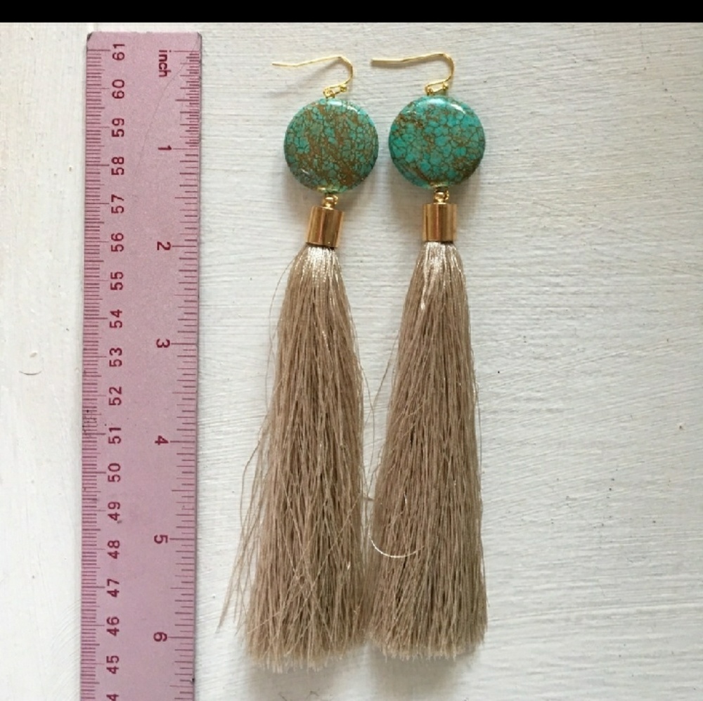 Turquoise disc tassel earrings 1" diameter cut 2 f - Picture 4 of 7