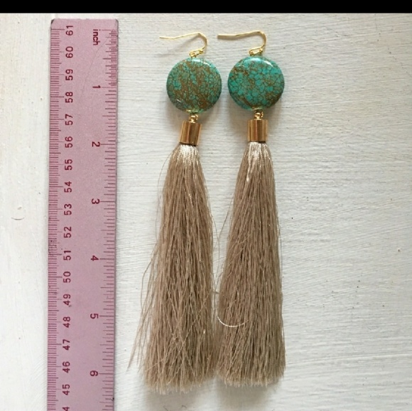 Turquoise disc tassel earrings 1" diameter cut 2 f - Picture 4 of 7