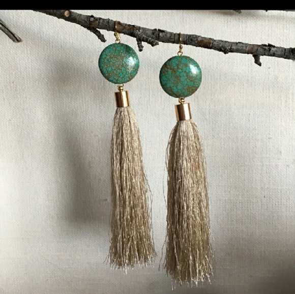 Turquoise disc tassel earrings 1" diameter cut 2 f - Picture 6 of 7
