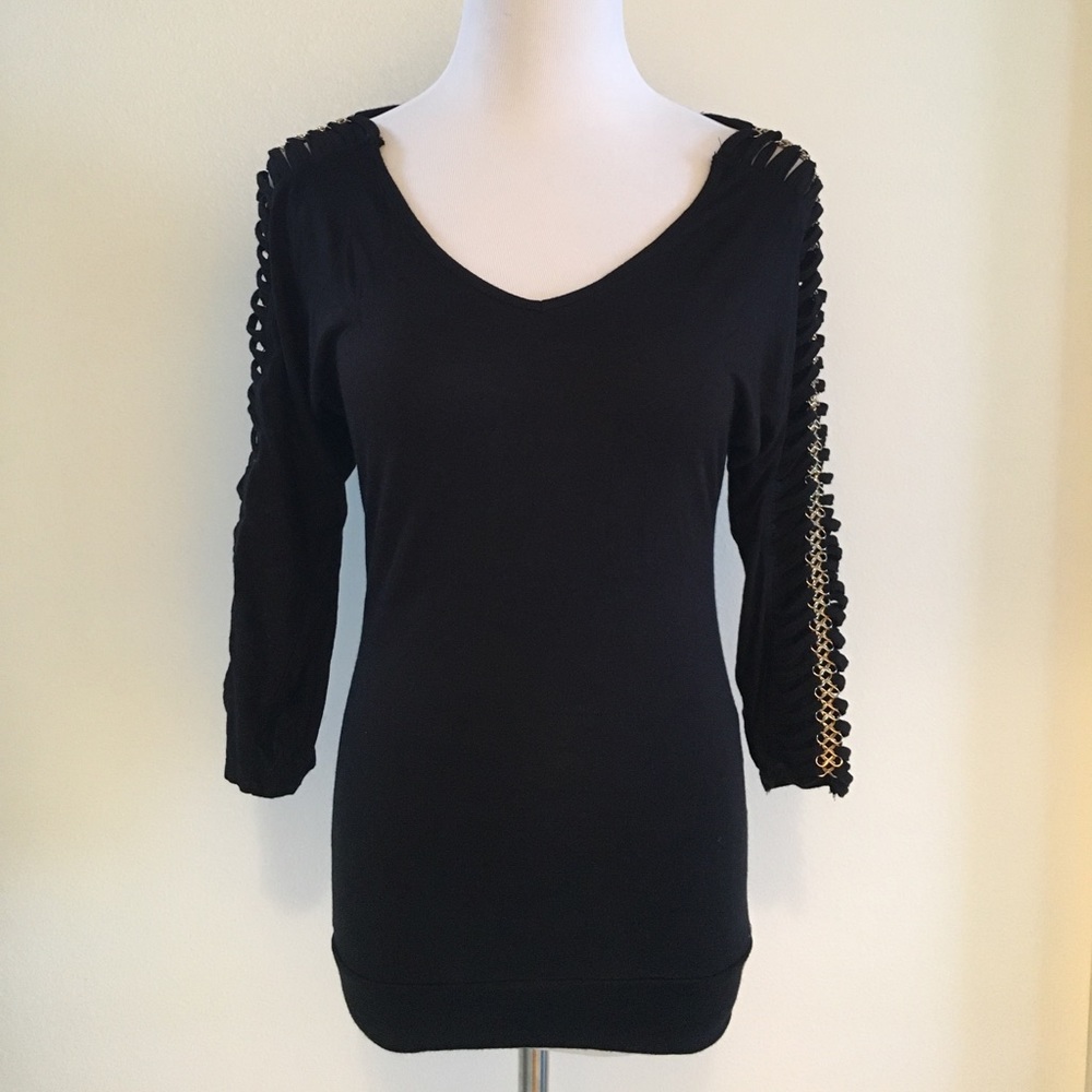 Bebe Black Top Gold Chain Link Cut Out Sleeves XS