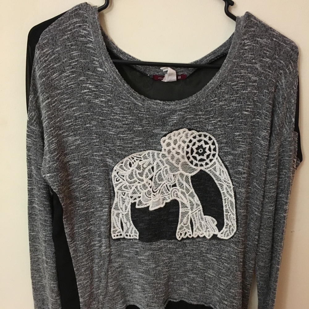 Embroidered gray and black elephant long sleeve T