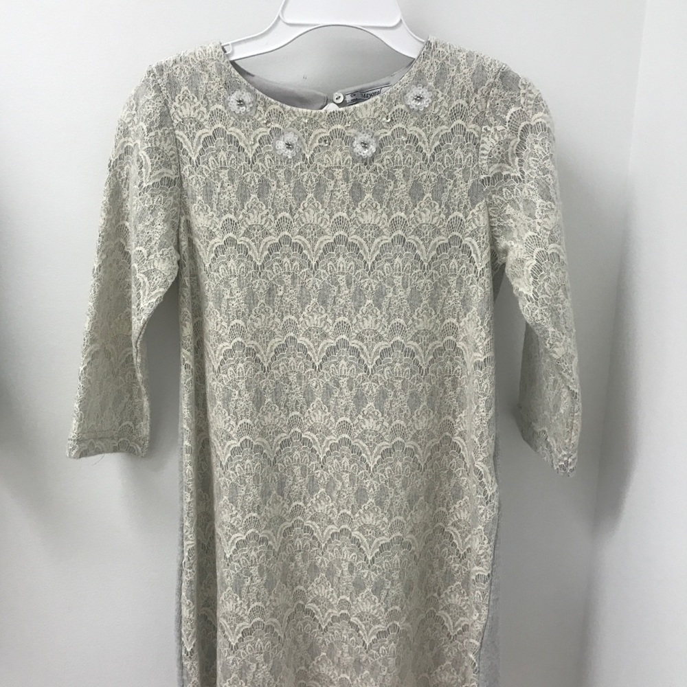 A gray lace dress with little rhinestone flowers!