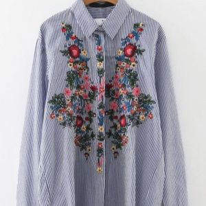 Tops - Button down striped embroidery dip hem shirt Tops - Button down striped embroidery dip hem shirt