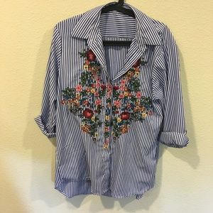 Tops - Button down striped embroidery dip hem shirt Tops - Button down striped embroidery dip hem shirt