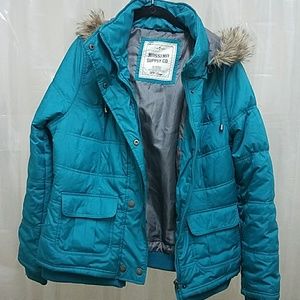 Blue Puffer Jacket with removable faux fur hood!