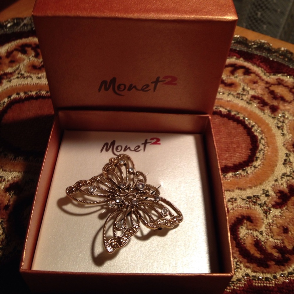 Monet 2 butterfly pin w/ rhinestones gold tone nwt