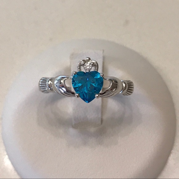 Sterling Silver Blue Topaz CZ Claddagh Ring, Irish Friendship Heart Jewelry - Picture 5 of 8