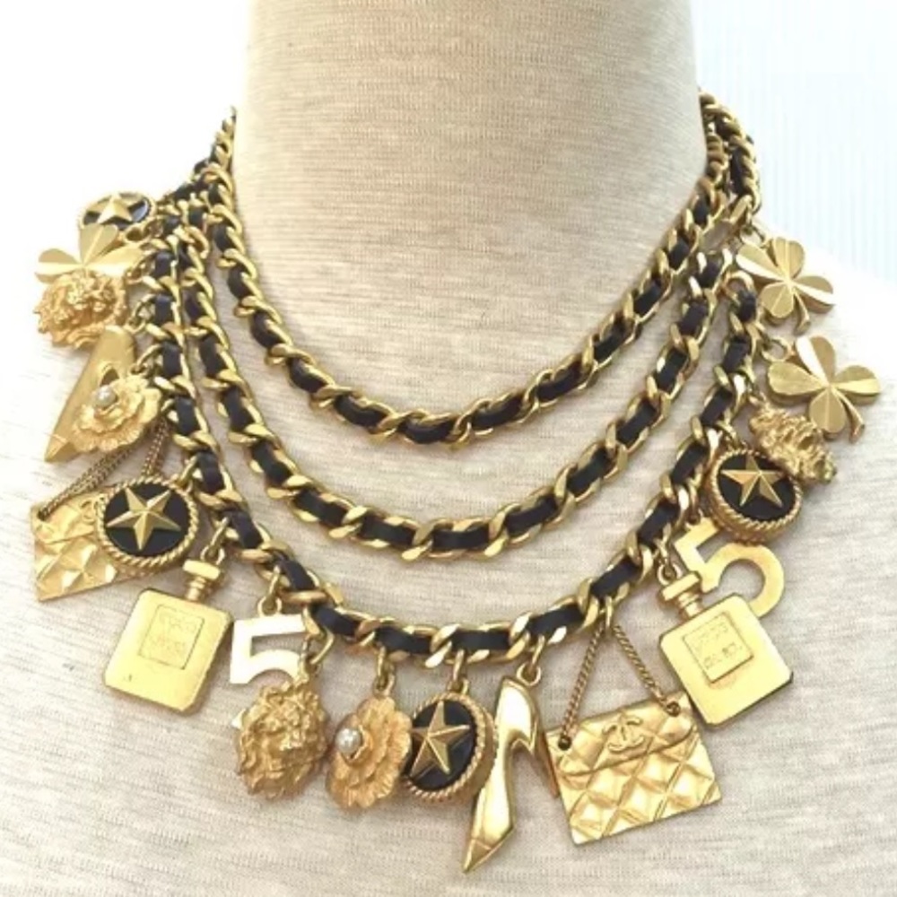 CHANEL vintage leather gold charm necklace belt