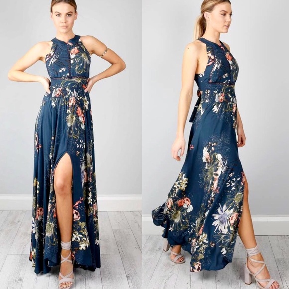 ✨ LAST ONE Open Back Blue Floral Halter Maxi Dress - Picture 2 of 7