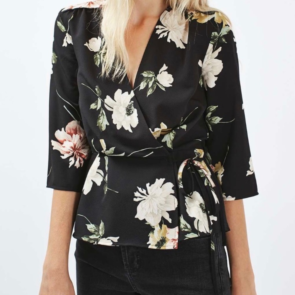 Topshop Dragon Floral Wrap Blouse