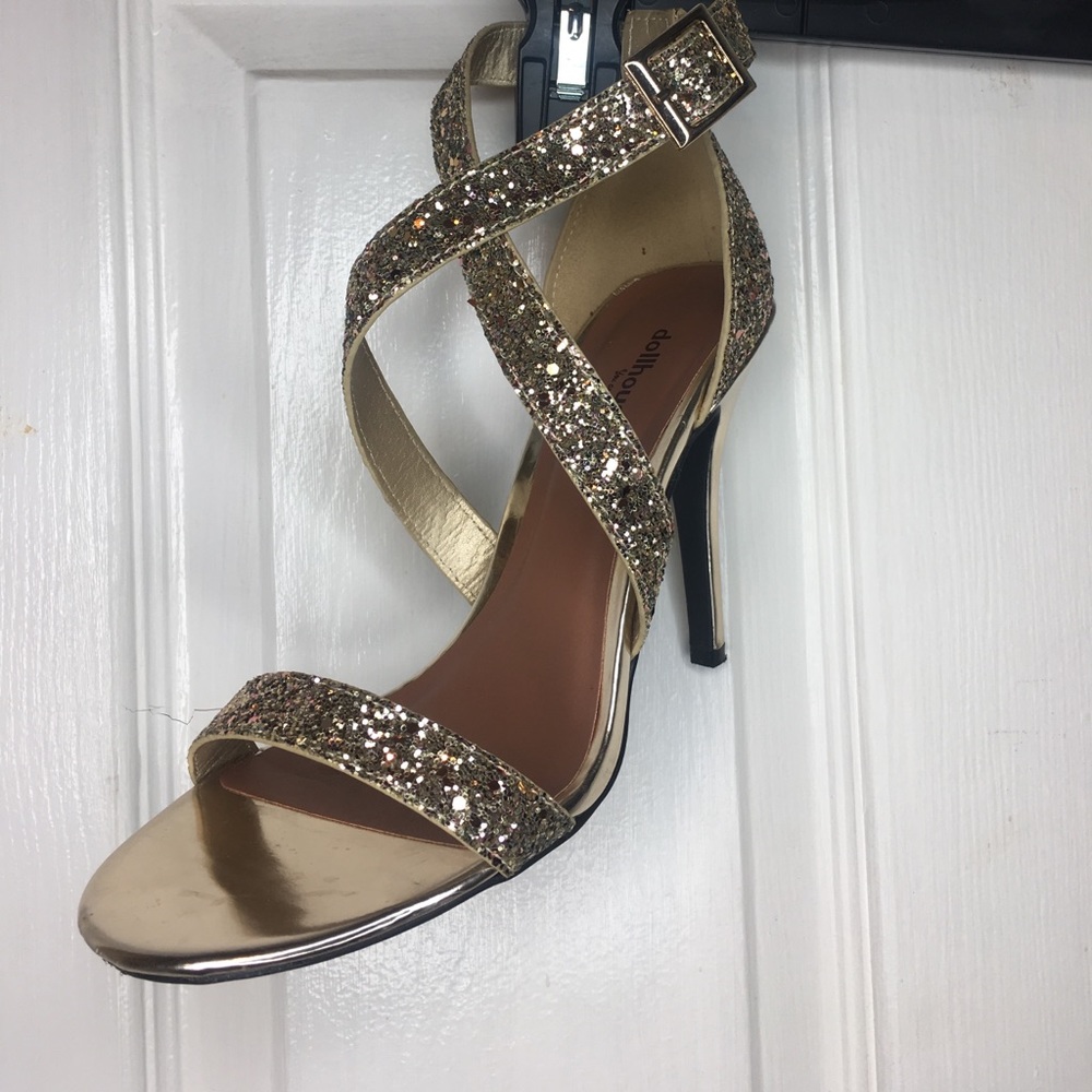 Dollhouse gold glitter crisscross open toe heel