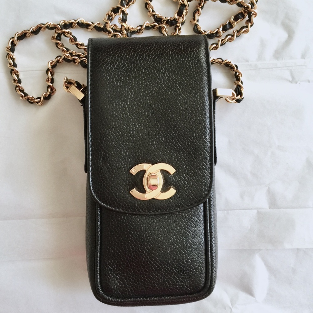 CHANEL Mini caviar flap in black caviar gold