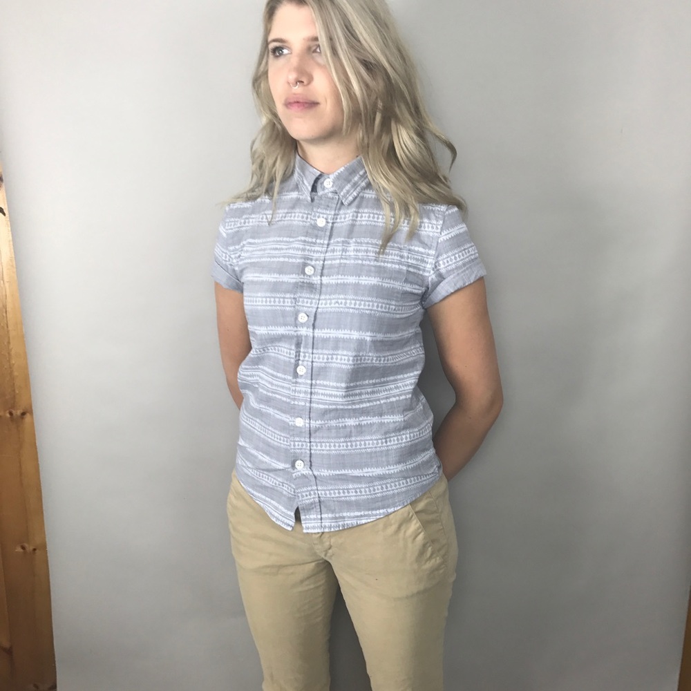 Grey blue Button up Aztec Santa Fe print shirt top