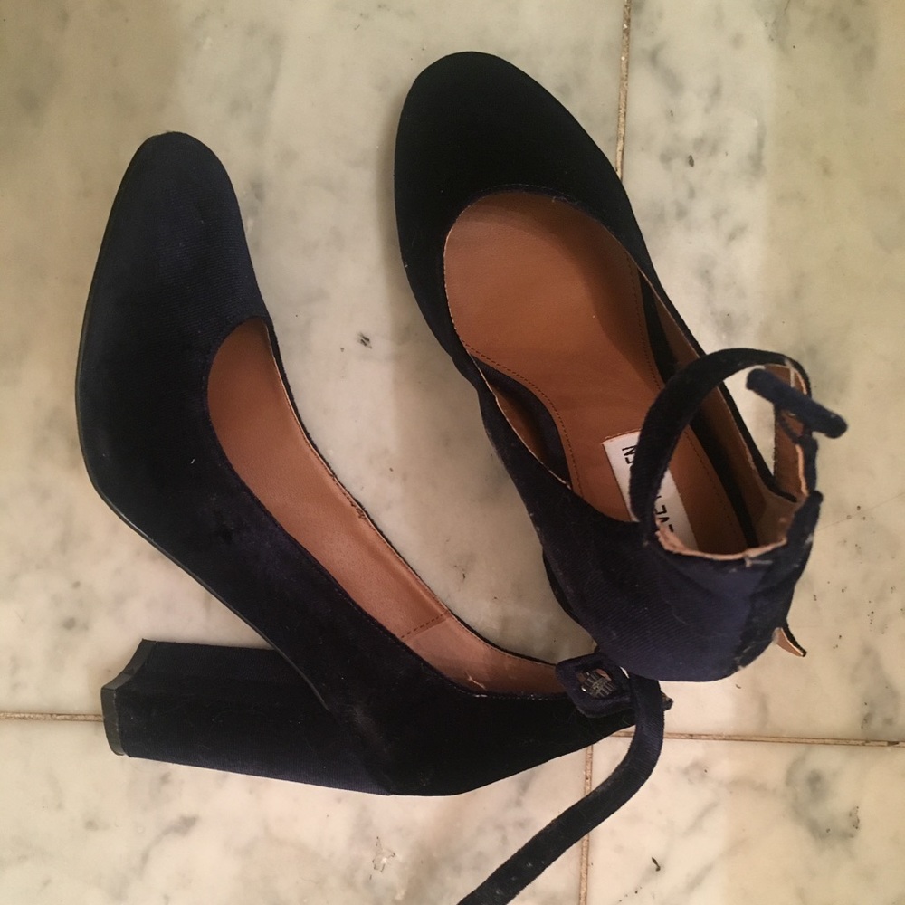 Steve Madden velvet round toe ankle strap heel.