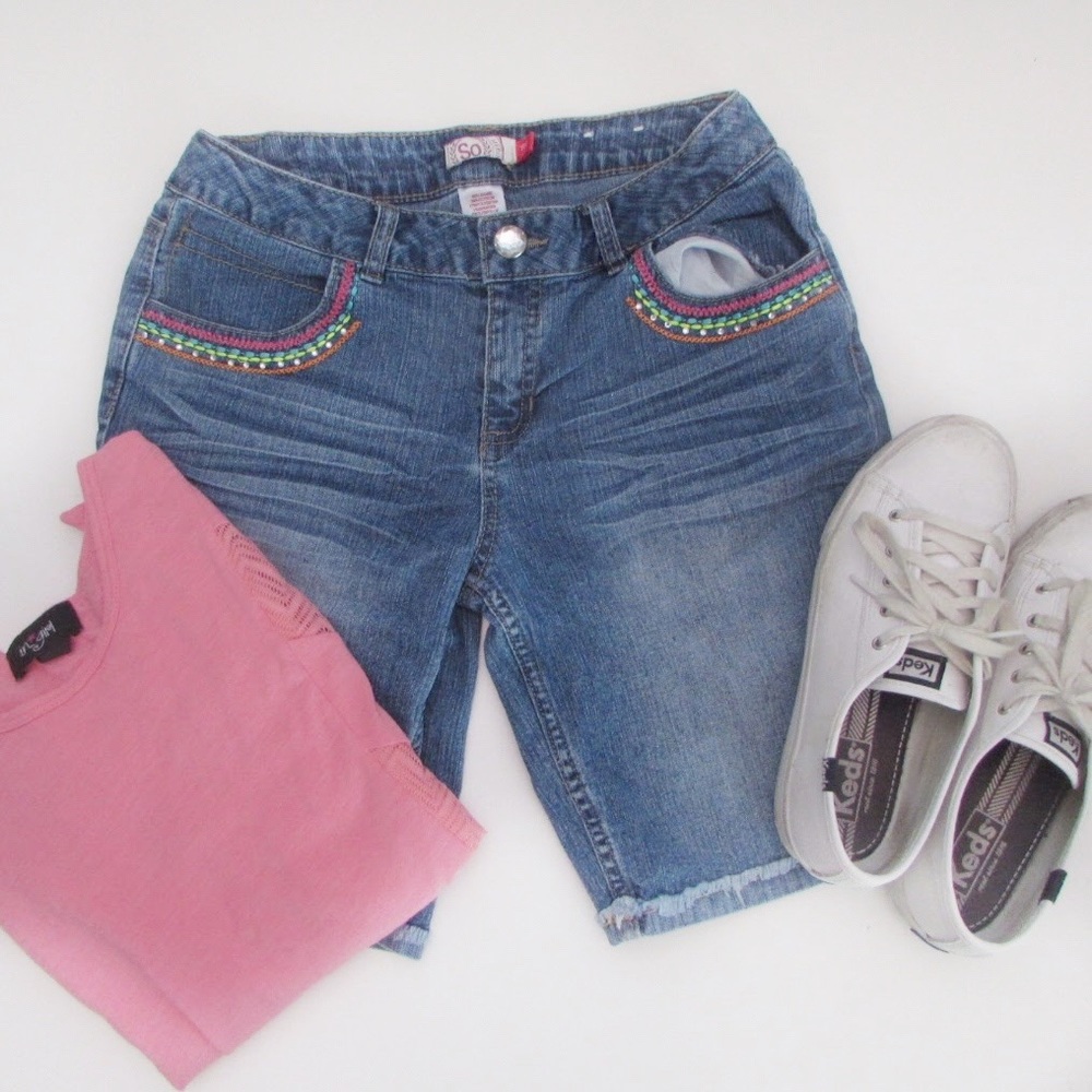 SO Girls Embroidery Jean Bermuda Shorts